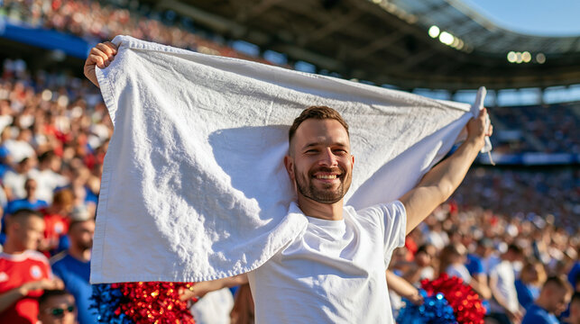 Close-up realistic photograph of a fan's hands waving a plain rally towel while holding an unbranded foam finger and colorful pom-poms, energetic stadium crowd rendered as soft bokeh in the backgrou