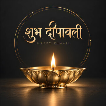 happy Diwali greeting with glowing brass diya on black background 2026