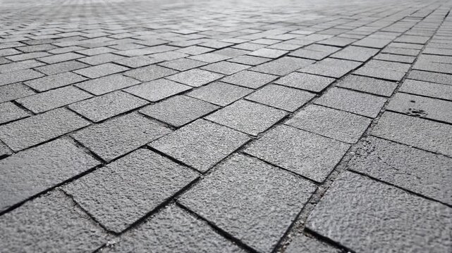 Camera panning across grey square brick paving stones on pedestrian walkway at sunset with soft light reflections.