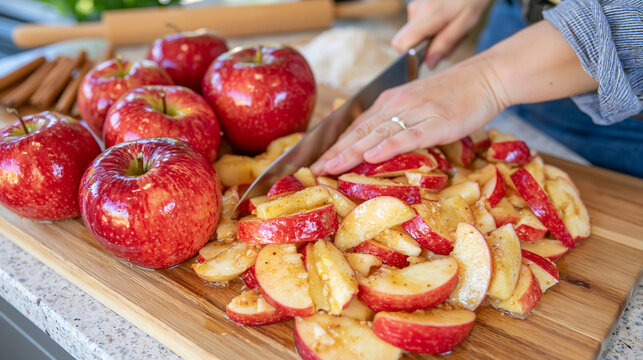 Over-the-shoulder close-up of hands cutting freshly washed red apples on a wooden board, crisp apple slices accumulating beside the knife, flour, cinnamon sticks and wooden rolling pin visible acros