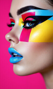Makeup art portrait showing woman with bold graphic lines and vibrant colors on her face for creative fashion beauty