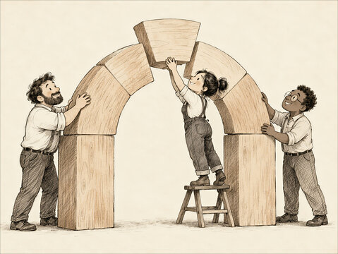 Team placing central keystone in oversized wooden arch
