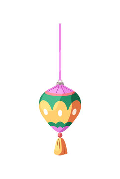 Colourful patterned bauble in retro style. Christmas tree ornament decorated with tassel. Xmas decoration. Vintage New Year decor, festive ball. Flat isolated vector illustration on white background