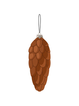Retro Xmas bauble with shape of pine cone. Christmas tree ornament with figure of pinecone. New Year decoration. Vintage winter holiday decor. Flat isolated vector illustration on white background
