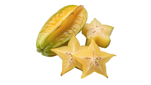 Whole and sliced exotic carambola star fruit isolated on transparent background