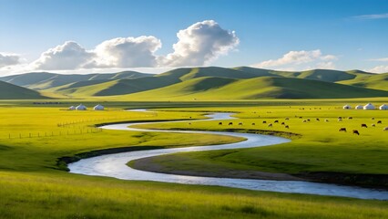 Naklejka premium Scenic winding river through green grassland with yurts and rolling hills in Inner Mongolia