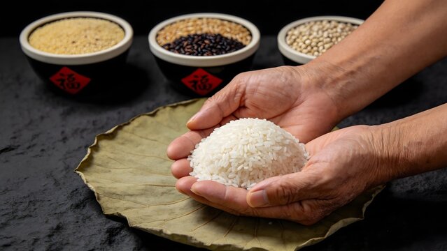 Elderly Hands Holding Cooked White Rice Over Leaf with Multigrain Bowls