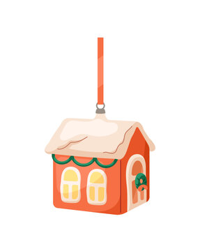Vintage Xmas bauble with shape of house. Cute Christmas tree decoration with home figure. Retro ornament for New Year and winter holidays. Flat isolated vector illustration on white background.