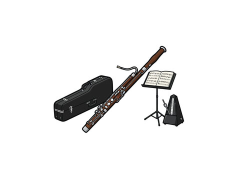 010 Bassoon With Carrying Case Sheet Music Stand And Metronome In Clean Hand Drawn Isolated On White.eps