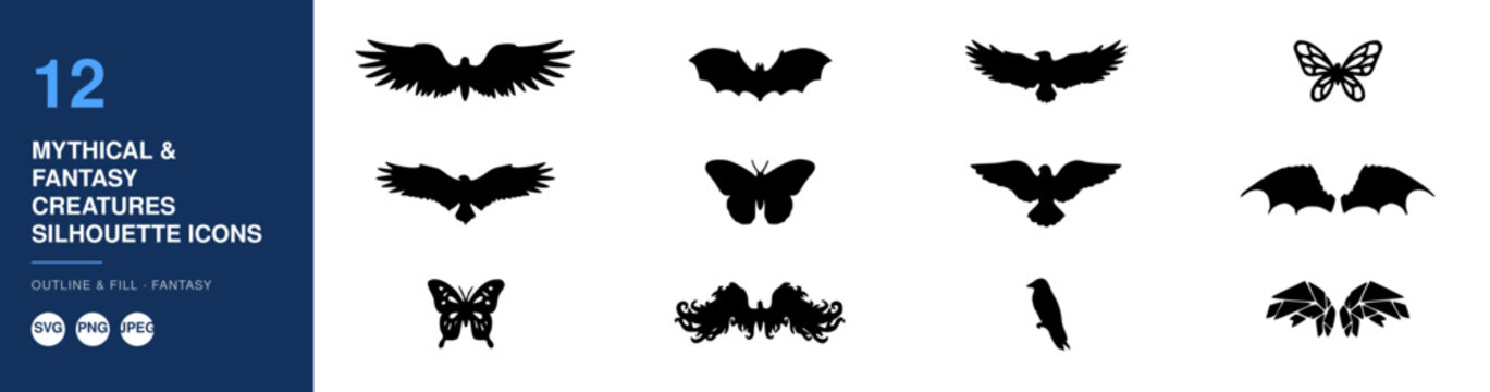 Mythical Creatures Silhouettes, Fantasy Icons Set, Decorative Design Elements Featuring Vector, Illustration