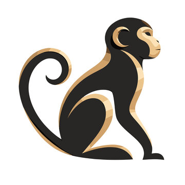 Stylized Black Gold Monkey Silhouette on White Background