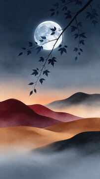 Traditional Chinese Night Landscape, Full Moon, Maple Branches and Gradient Misty Mountain Silhouettes