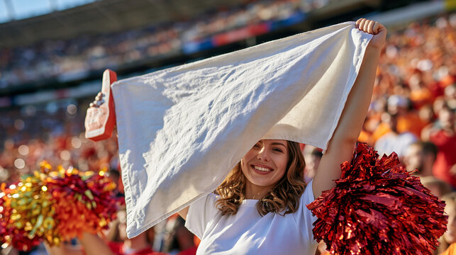 Close-up realistic photograph of a fan's hands waving a plain rally towel while holding an unbranded foam finger and colorful pom-poms, energetic stadium crowd rendered as soft bokeh in the backgrou