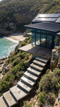 Staircase ocean villa modern glass house with floating concrete steps descends a cliff toward a secluded beach