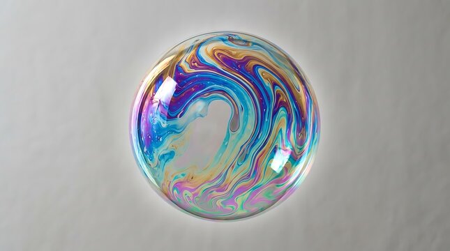 Single iridescent soap bubble on white background displaying swirling rainbow colors with iridescent sphere floating bubble swirling patterns surface tension macro photography circular shape