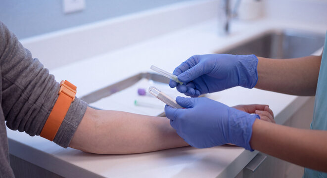 A medical professional wearing blue sterile gloves prepares to draw a blood sample from a patient arm secured with an orange tourniquet