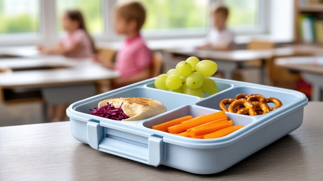 Bento lunch box on a school desk with healthy snacks in a classroom setting