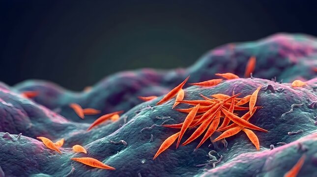 3D Render of Spindle Shaped Protozoan Parasites Colonizing Cellular Tissue in Microbiology Concept