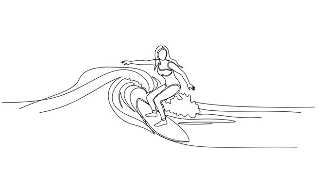 Female surfer riding ocean wave in continuous line art style