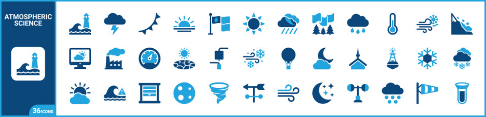 Obraz premium Weather and meteorology two-tone icon set. Filled glyph pictograms of climate, forecast, atmospheric, and temperature elements, blue duotone illustration.