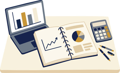 Obraz premium Flat Vector Illustration of Business Financial Analysis Desk with Laptop Showing Bar Charts, Open Notebook with Pie Chart and Growth Graph, Calculator, and Pens, Corporate Finance Concept