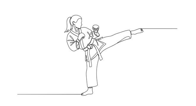 Female martial artist performing high side kick in line art