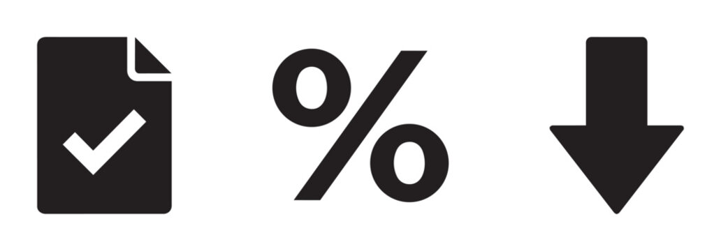 Checkmark Document, Percentage Symbol, Down Arrow Icons: Business Analytics, Finance, Data Tracking Set