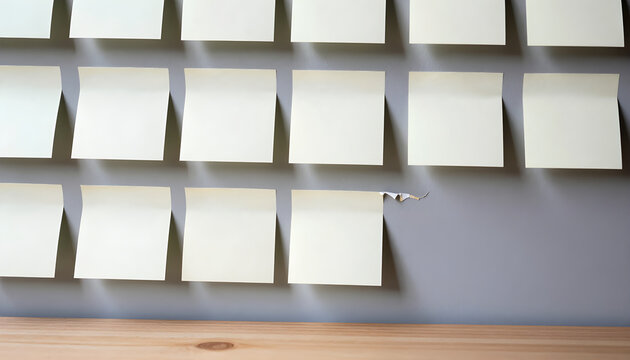 A wall of sticky notes with one peeling at the corner