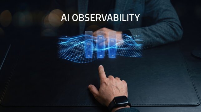 Business professional interacting with an advanced holographic interface displaying AI-driven data insights for enhanced system observability and performance monitoring