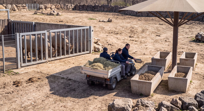 Zoo keepers transport equipment with a wheelbarrow while maintaining and cleaning an outdoor rocky animal habitat under bright daylight