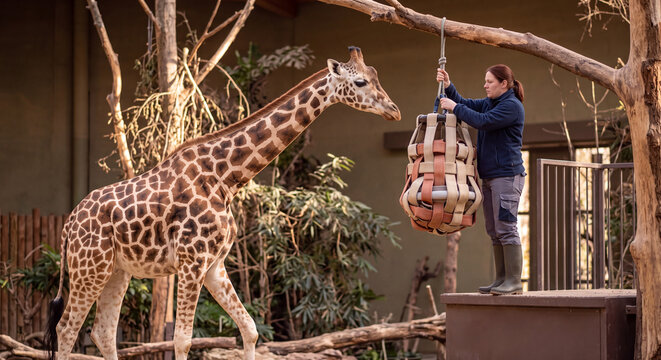 A female zookeeper on a raised platform tends to a tall giraffe standing near hanging enrichment feeding baskets inside a zoo enclosure