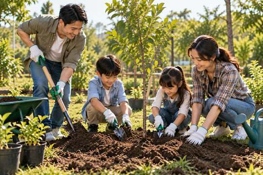Asian family consisting of parents and two young children happily plants a small sapling tree together in a sunny park garden using shovels and garden tools.