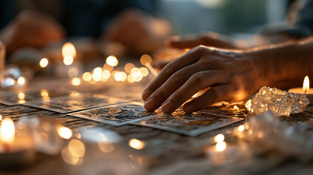 Cropped view of a reader's hands studying tarot surrounded by crystals and burning candles on wood three illustrated cards forming the central focus warm candlelight tracing the