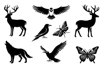 Obraz premium Wildlife animal and bird black silhouettes set