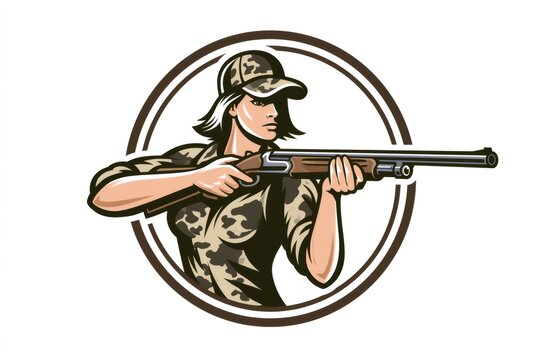Woman hunter aiming shotgun wearing camouflage uniform