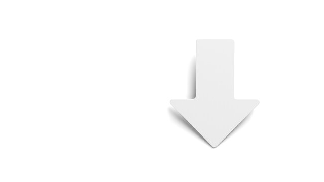 A white arrow pointing downwards isolated on white background. Copy space. 3d illustration.