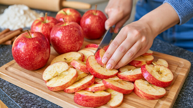 Over-the-shoulder close-up of hands cutting freshly washed red apples on a wooden board, crisp apple slices accumulating beside the knife, flour, cinnamon sticks and wooden rolling pin visible acros