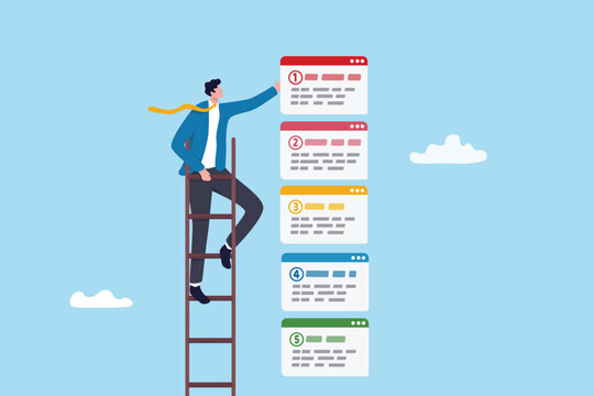 Prioritize task by important, urgency or value, work priority to do it first, before or after, reminder to do list with workflow, deadline, businessman on ladder prioritize tasks by urgency.