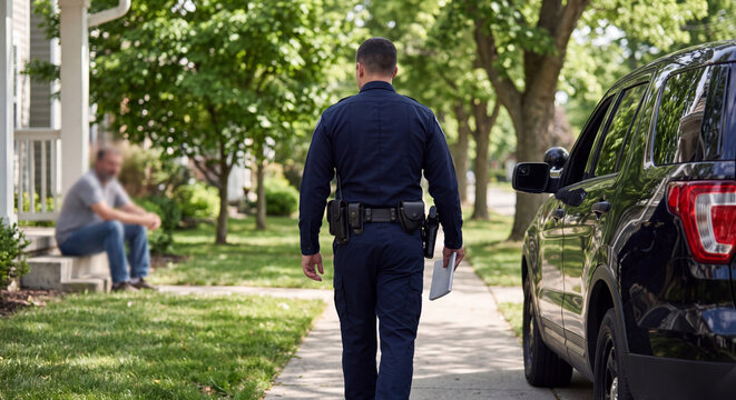 A back view of a uniformed police officer walking along a residential road with parked vehicles and green trees during a routine neighborhood patrol