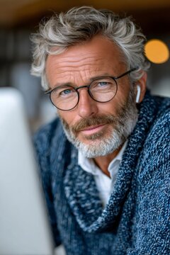 Mature man wearing glasses and earbud working