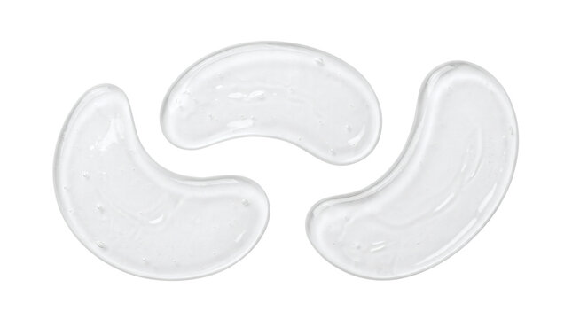 Pair of curved clear transparent cooling hydrogel eye patch pads for skincare. Under eye rejuvenating collagen beauty treatment mask. Isolated on transparent background.