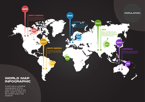 Infographic world map vector asset. Global data visualization chart graphic element continental country territory global business statistics layout banner presentation report design concept.