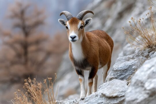 Mouflon standing on rocky mountain slope looking