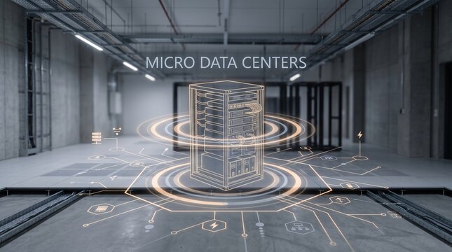 Cutting-edge micro data center concept featuring holographic projections for advanced digital infrastructure and secure data management solutions, highlighting the evolution of modern computing