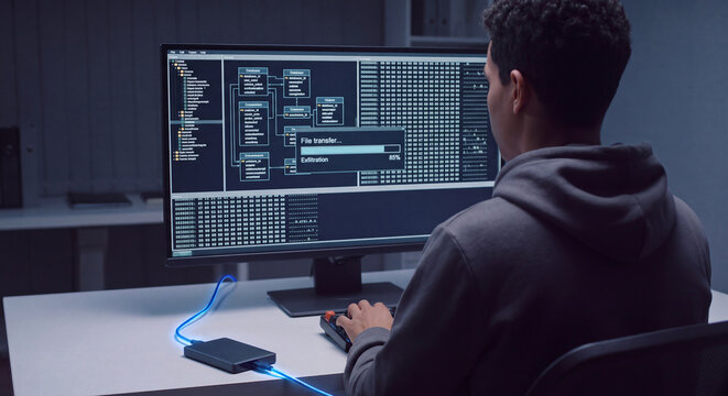 A software developer wearing a casual hoodie sits at a minimalist desk reviewing scripts and development code on an ultra wide monitor indoors