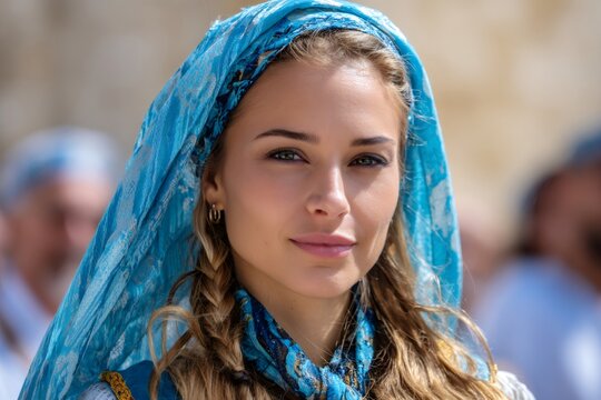 Young woman wearing traditional blue headscarf ethnic costume