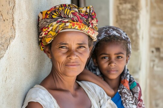 Mother and daughter wearing headscarves looking at camera
