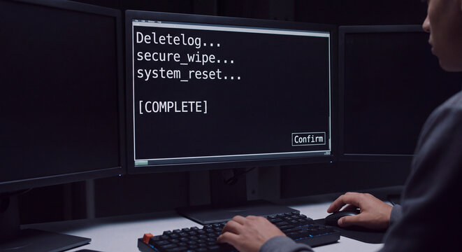 A computer programmer typing on a mechanical keyboard at night with a monitor screen displaying completed system delete log text