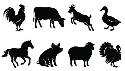 Fototapeta premium Farm Animal Silhouette Set with Rooster, Cow, Goat, Duck, Horse, Pig, Sheep and Turkey Vector Illustrations