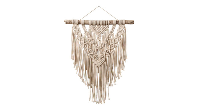 Bohemian handcrafted macrame wall hanging tapestry woven from natural cotton cord. Nordic rustic boho chic textile home interior wall art. Isolated on transparent background.